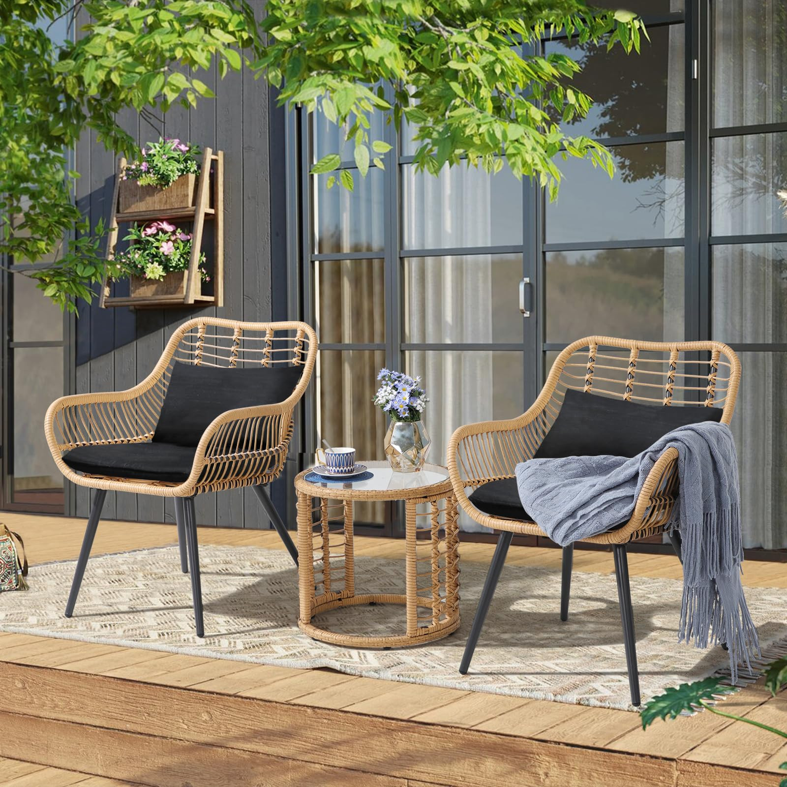 JOIVI 3 Piece Patio Bistro Set, Wicker Outdoor Patio Set with Enhanced Comfort Seating, Round Gla... | Amazon (US)