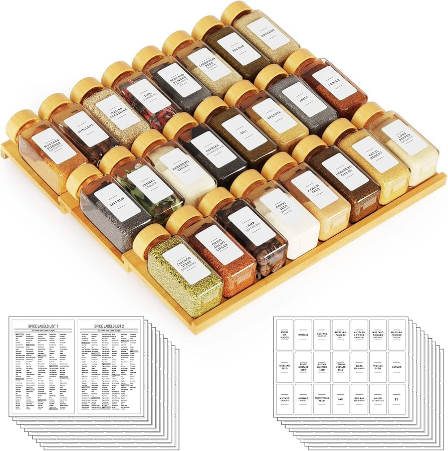 SpaceAid Bamboo Spice Drawer Organizer with 24 Spice Jars, 378 White Minimalist Spice Labels, 3 T... | Amazon (US)