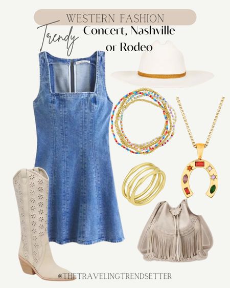 Western fashion - denim dress - cowgirl boots - cowgirl hat - trendy country concert outfit - music festival outfit 

#LTKFindsUnder50 #LTKFestival #LTKStyleTip