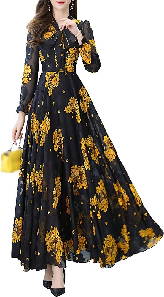 Women Vintage Elegant Bow Tie Neck Allover Floral Ruffled Lantern Sleeve Flowy Party Maxi Dress | Amazon (US)