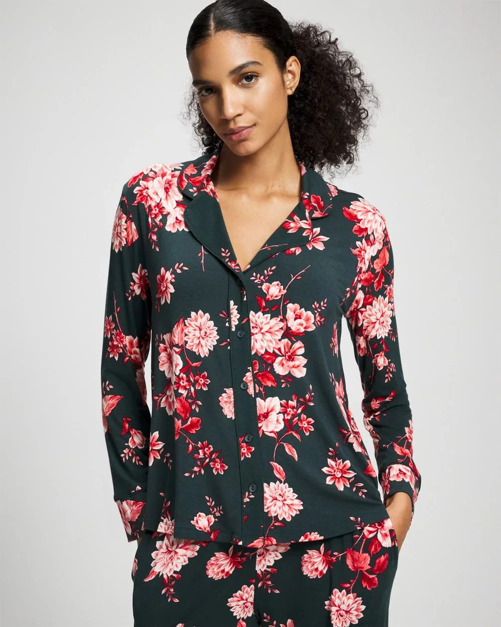 Cool Nights Long Sleeve Notch Collar with Piped Placket Pajama Top | Soma | SOMA