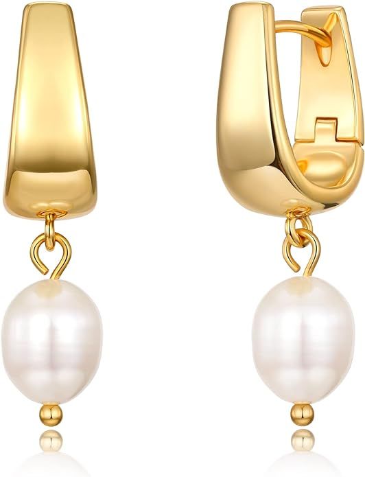 XYJZXY Freshwater Cultured Pearl Earrings for Women 18K Gold Pearl Drop Earrings Dangle Small Hug... | Amazon (US)