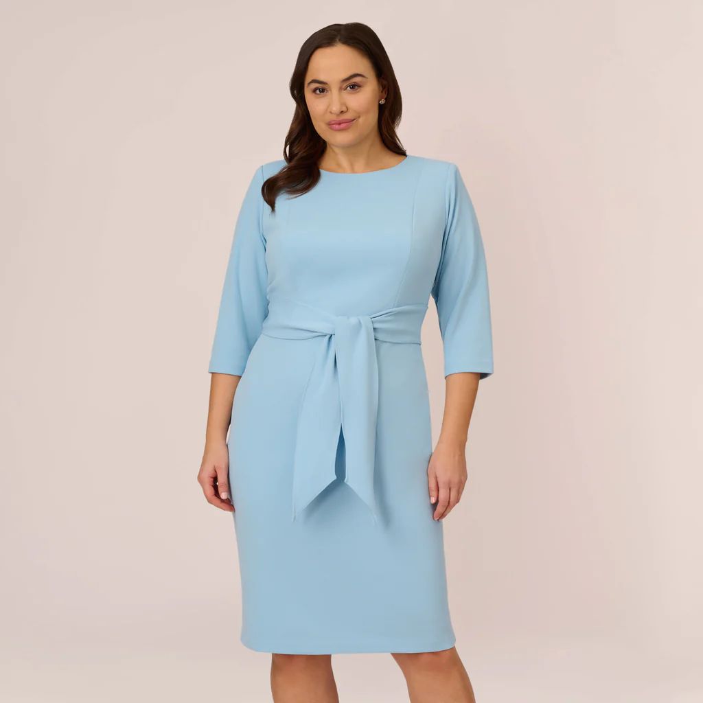 Plus Size Knit Crepe Bow Sheath Dress With Three Quarter Sleeves In Blue Mist | Adrianna Papell