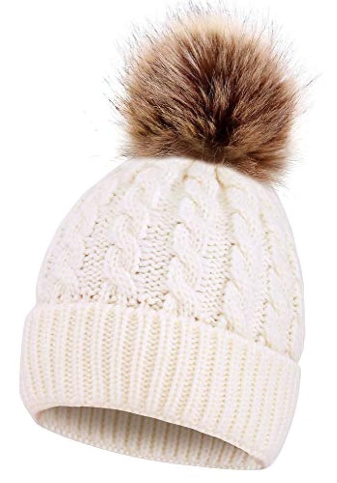Men & Women's Winter Cable Knit Faux Fur Pom Pom Foldable Cuff Beanie Hat | Amazon (US)