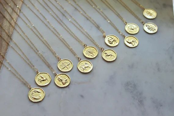 Gold Zodiac Necklace, Zodiac Coin Necklace, Zodiac Disc Necklace, Gold Zodiac Jewelry, Celestial ... | Etsy (US)
