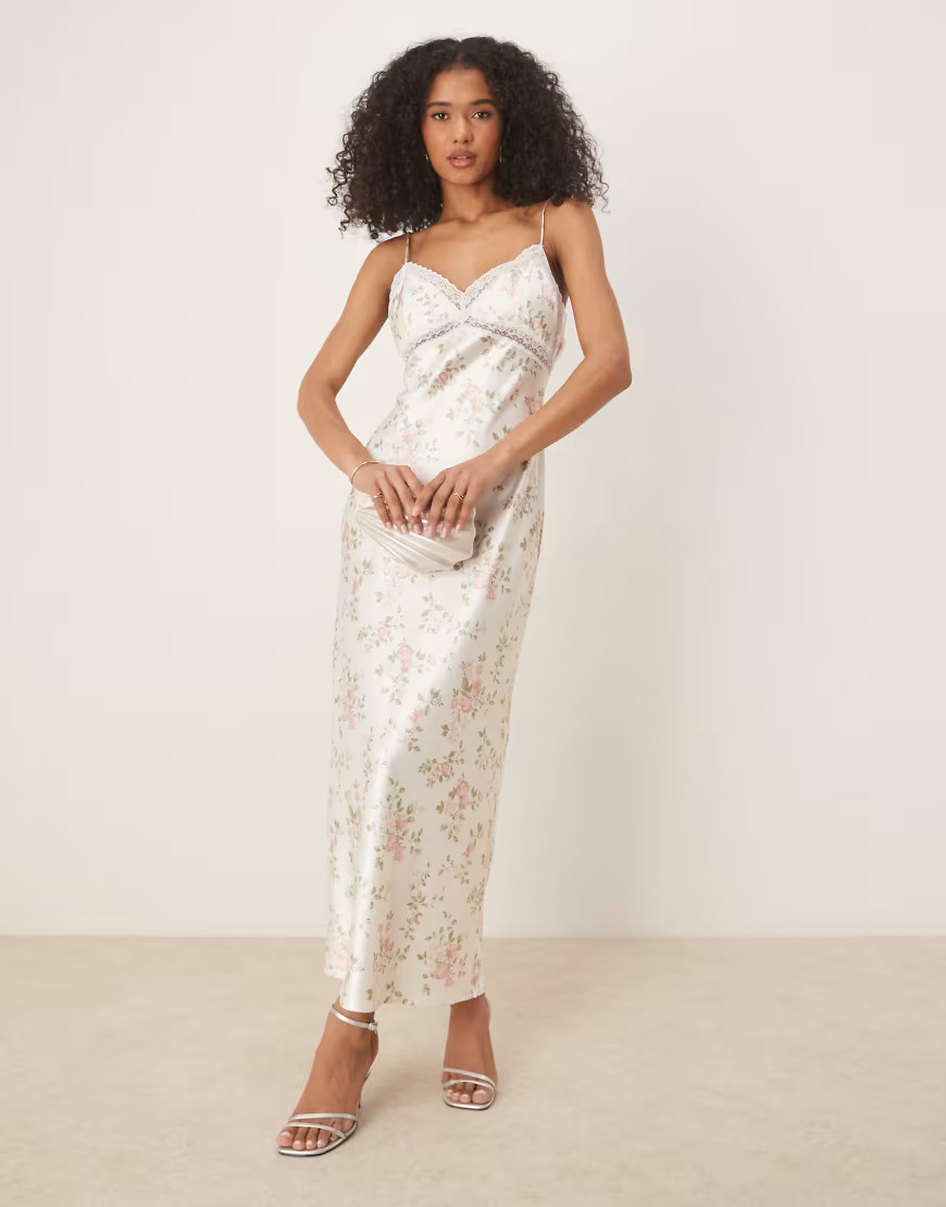 Gina Tricot satin maxi dress with lace trim in white floral | ASOS (Global)