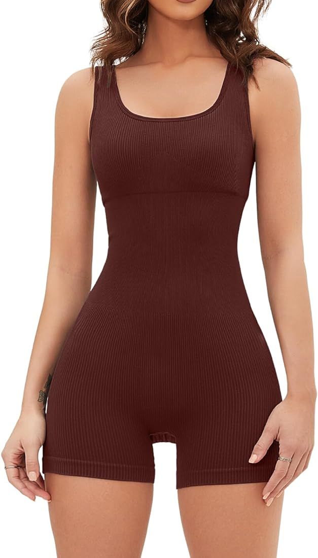 Seamless Romper for Women Ribbed Workout Square Neck Padded Bra One Piece Short Jumpsuit | Amazon (US)