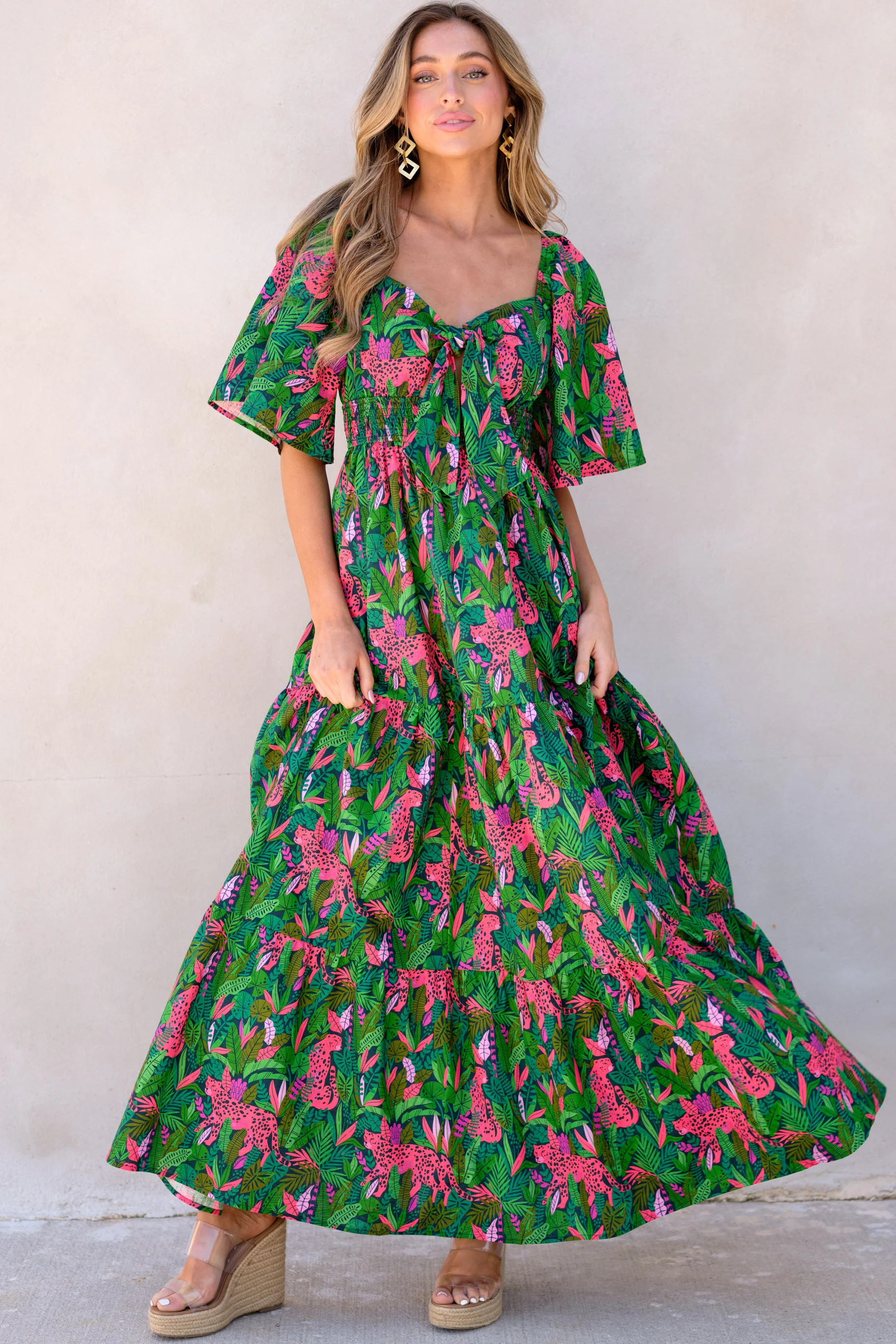 Wild Chase Green Multi Print Midi Dress | Red Dress 