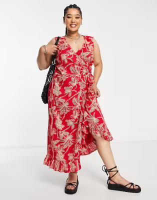 ASOS DESIGN Curve crinkle wrap midi sundress with buckle in red palm | ASOS (Global)