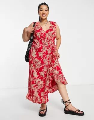 ASOS DESIGN Curve crinkle wrap midi sundress with buckle in red palm | ASOS (Global)