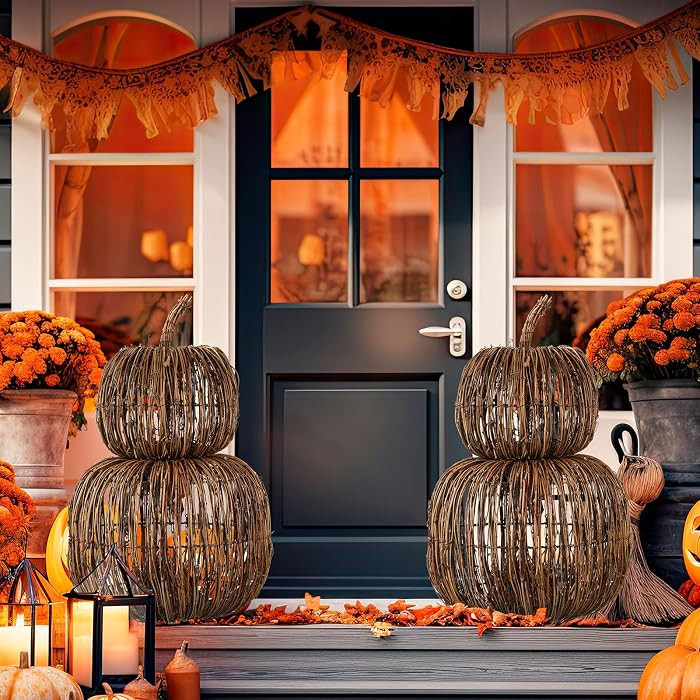 Colingmill 20 Inch 2 Set Wicker Rattan Pumpkin Stackable Pumpkins for Porch | Amazon (US)