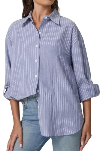 Amazon.com: QINSEN Button Down Shirts for Women Cotton Striped Dress Shirt Pinstripe Casual Blous... | Amazon (US)