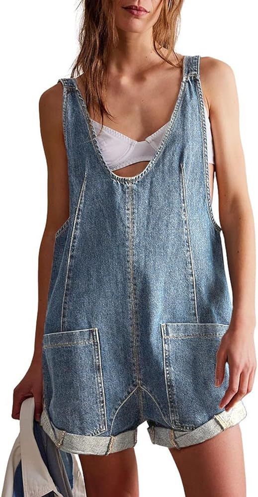 CHARTOU Women Casual Denim Short Overalls Rolled Cuff Barrel Shorts Jumpsuit Rompers | Amazon (US)