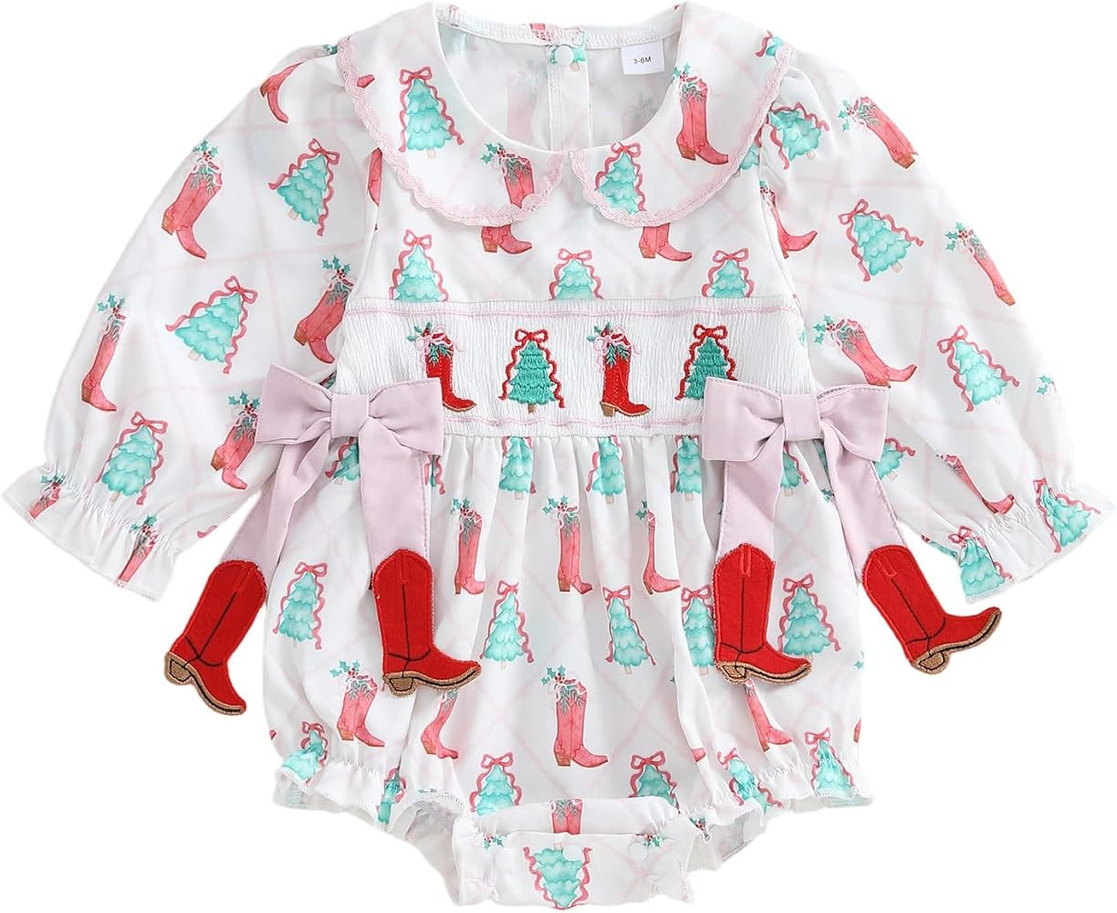 Qiylii Western Baby Girl Christmas Romper Clothes Cowgirl Boots Print Smocked Jumpsuit Christmas ... | Amazon (US)