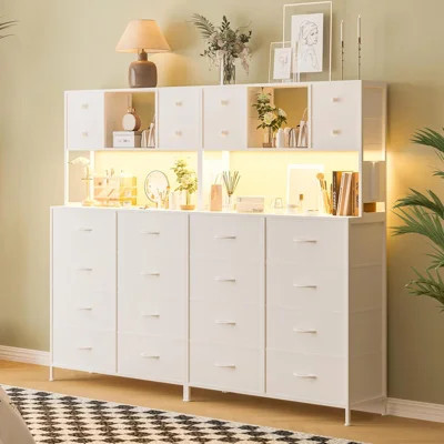 12-Drawer Fabric Dresser with Wood Top & Metal Frame, Built-in LED Lights, Power Outlet & 3 Open Storage Shelves, Anti-Tip Chest Organizer for Bedroom | Wayfair North America