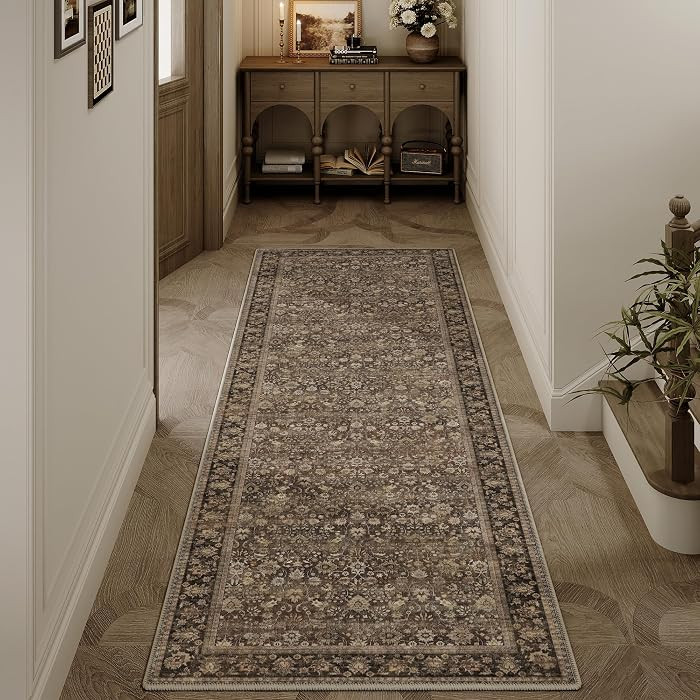 2x6 Brown Vintage Floral Washable Runner Rug for Hallway | Amazon (US)