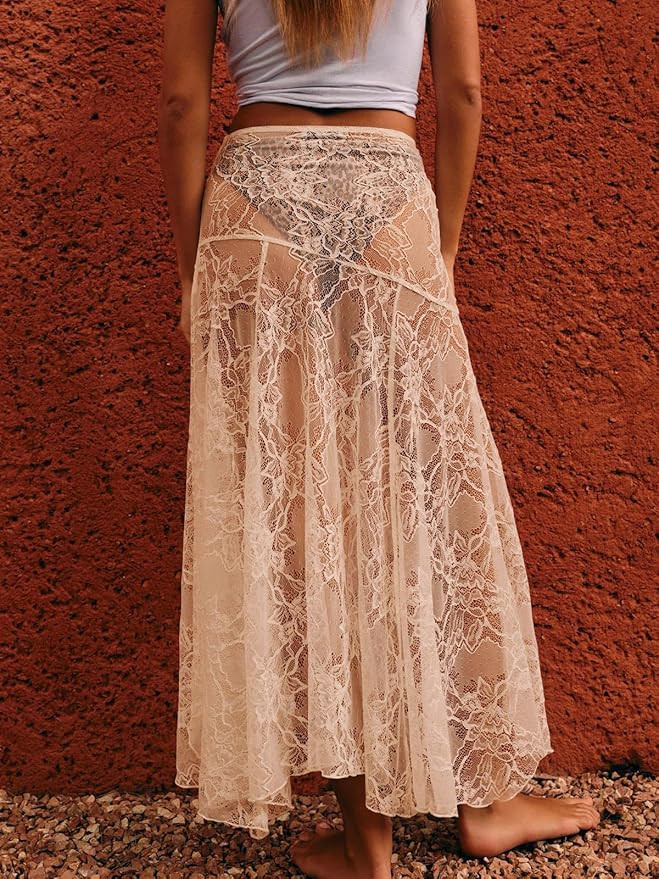 Cicy Bell Womens Summer Lace Maxi Skirt Elastic Waist See-Through Asymmetric Hem Beach Cover Up L... | Amazon (US)