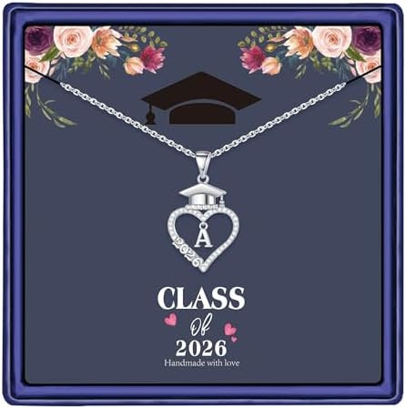 Graduation Gift for Her 2026, 14K White Gold Plated CZ Graduation Cap Heart Pendant Initial Neckl... | Amazon (US)