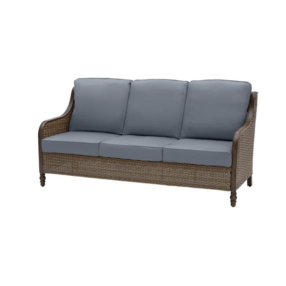 Hampton Bay Windsor Brown Wicker Outdoor Patio Sofa with CushionGuard Steel Blue Cushions | The Home Depot