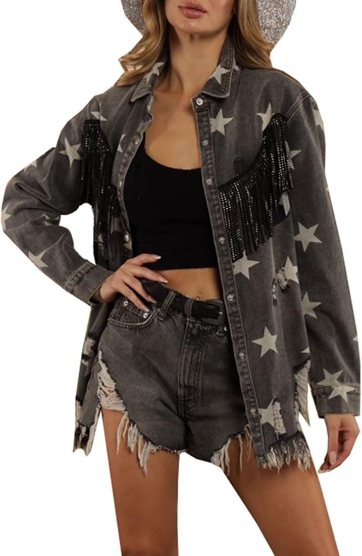 SCOFEEL Women Denim Shirt Jacket Long Sleeve Button Shacket Coat Distressed Washed Ripped Frayed ... | Amazon (US)