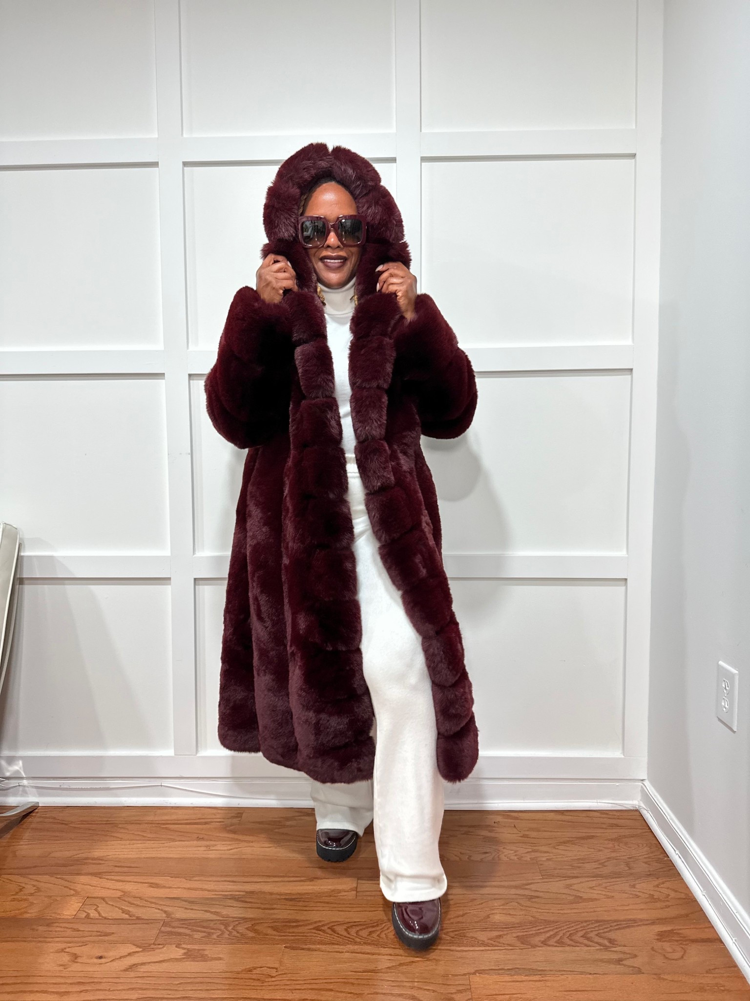 Burgundy faux fur hood coat 

#LTKgrwm #LTKSeasonal #LTKdayinmylife