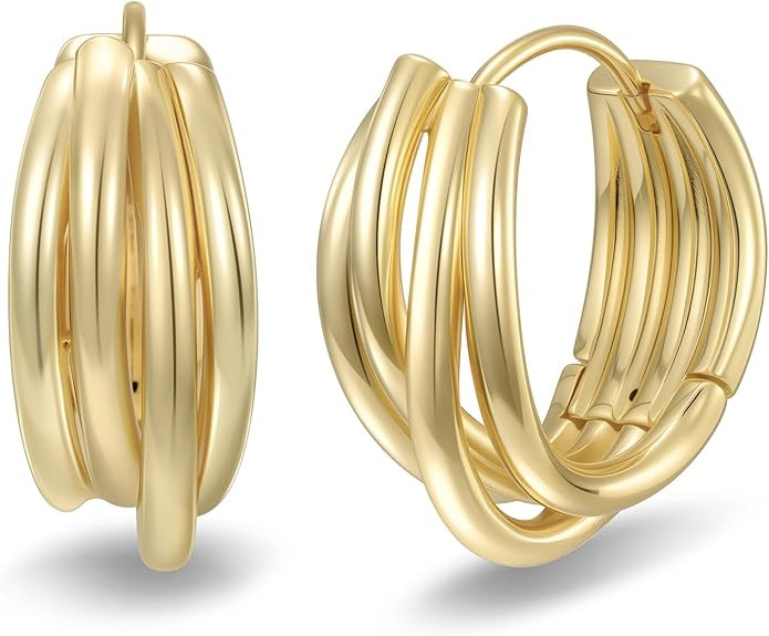14K Gold Earrings for Women 14K Gold Hoop Earrings for Women Trendy with Intertwined Lines Blends... | Amazon (US)