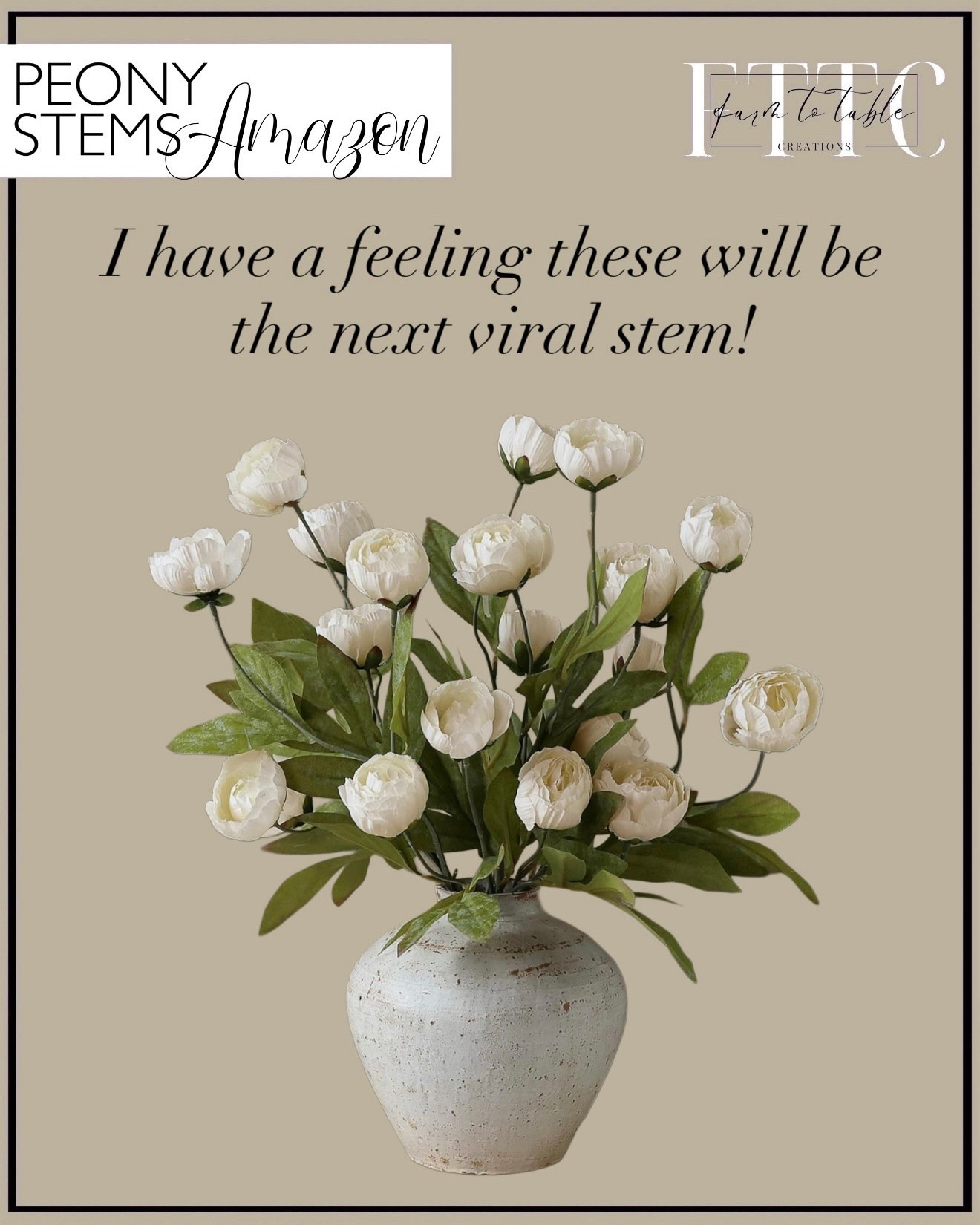Amazon Peony Stems Everyone Is About To Be Styling

Follow @farmtotablecreations on Instagram for daily home finds & styling ideas 🤍

I have a feeling these peony stems are about to be the next viral Amazon find. The blooms are full and soft, the stems have just the right natural bend, and they style beautifully for now through spring. I love how realistic they look once fluffed and arranged loosely in a neutral vase—perfect for shelves, consoles, coffee tables, or a kitchen island moment.

If you’ve been wanting a spring floral that looks high-end but is easy to live with, these are it. I wouldn’t wait on these.

#amazonhome #amazonfinds #fauxflowers #peonystems #springdecor #homedecor #vasedecor #shelfstyling #neutralhome #livingroomdecor #entrywaydecor #cozyhome

#LTKFindsUnder50 #LTKHome