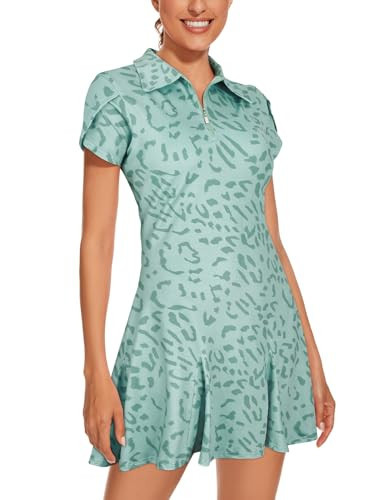 LURANEE Women Tennis Dress,Golf Dress Sleeveless Tennis Dresses Short Sleeve with Pockets Inner Shorts Sun Protection Quick Dry for Outdoor Athletic Green Leopard S | Amazon (US)