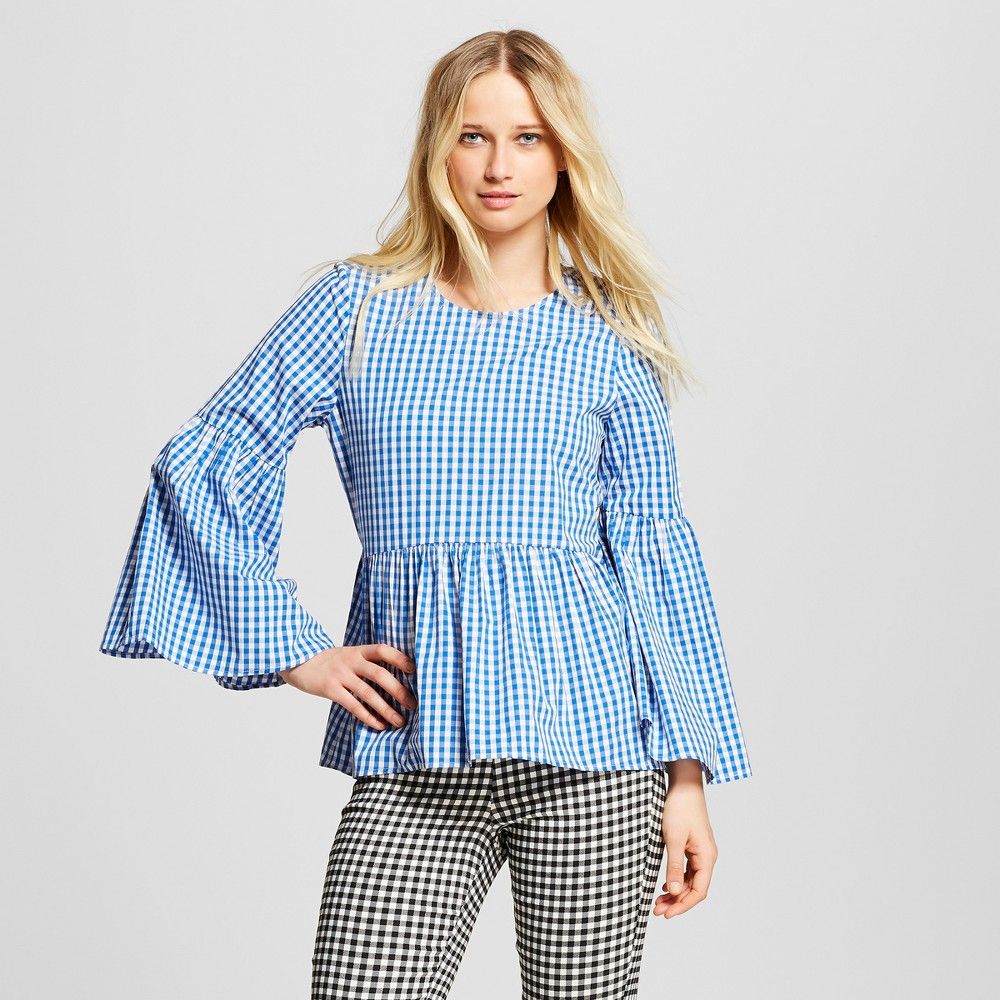 Women's Gingham Long Sleeve Billowy Pullover - Who What Wear Blue M, Blue Gingham | Target