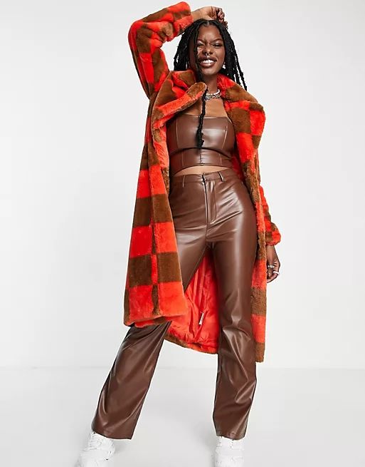 Girlfriend Material faux fur checkerboard longline coat in tangerine and tan | ASOS | ASOS (Global)