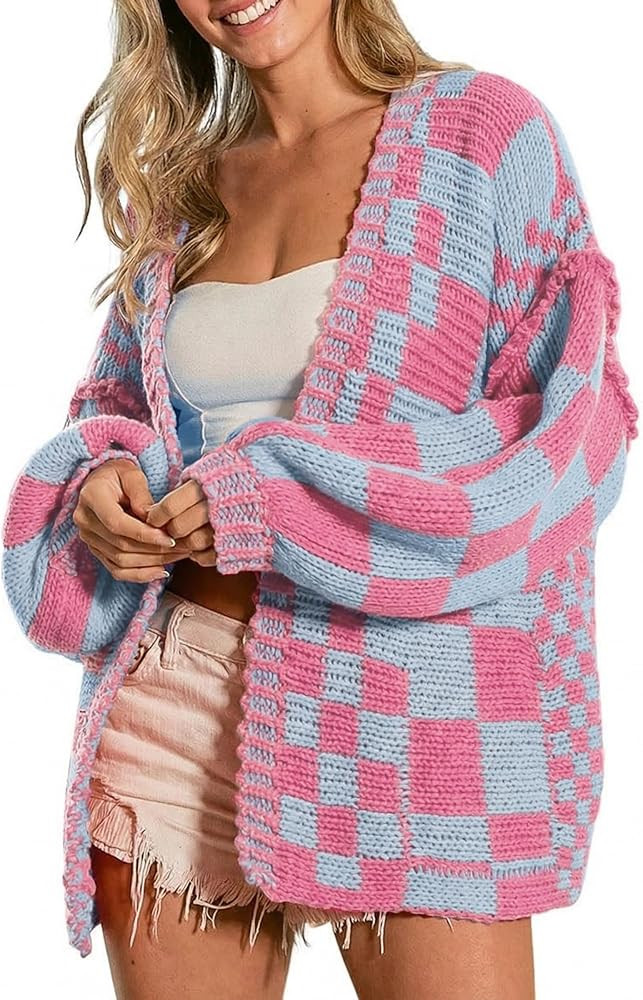 SELINK Women's Cardigan Sweater Vintage Open Front Mixed Checkered Pattern Chunky Knit Plaid Long... | Amazon (US)