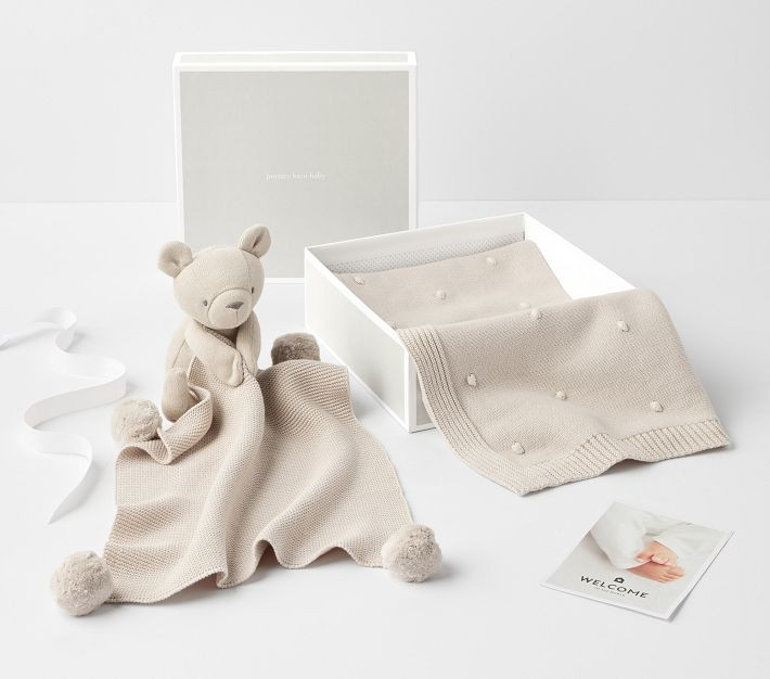 Cotton Sweater Knit Baby Blanket and Bear Thumbie Set | Pottery Barn Kids