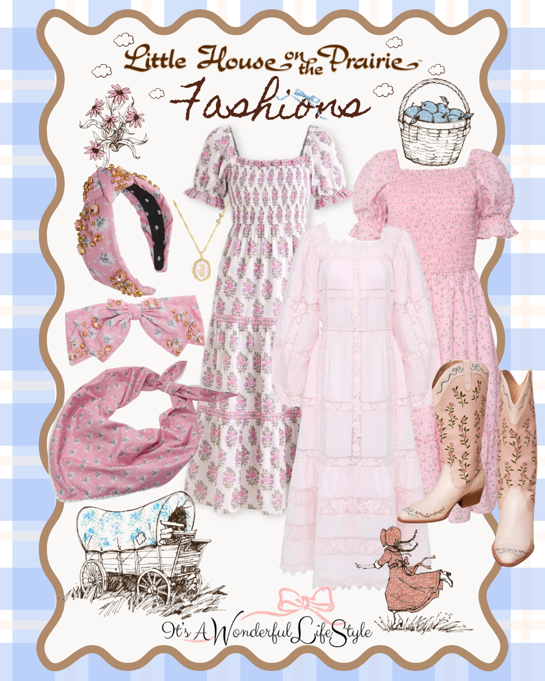 🎀 Pretty in pink with just a touch of mischief! These Nellie Oleson-inspired fashions are full of feminine florals, dainty lace, sweet bows, and prairie charm, perfect for anyone who loves a classic vintage look. From dreamy dresses to darling accessories and floral cowboy boots, this collection is fit for Walnut Grove's most fashionable girl.

Shop all these prairie-inspired favorites in my LTK! 🛍️

"Charm is deceptive, and beauty is fleeting; but a woman who fears the Lord is to be praised." — Proverbs 31:30

Clip Art Image Credit: Lele Sadoughi