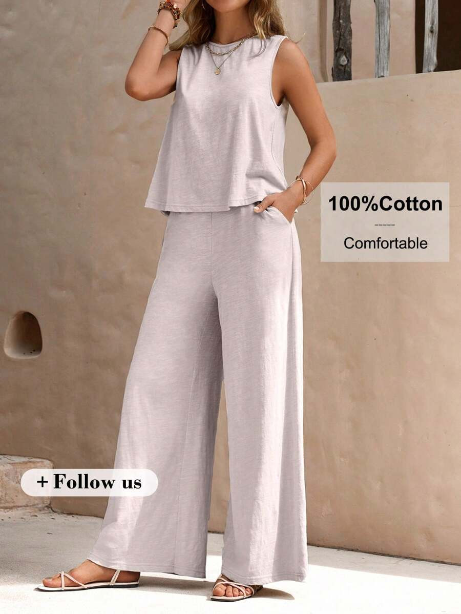 EMERY ROSE Solid Tank Top & Wide Leg Pants | SHEIN