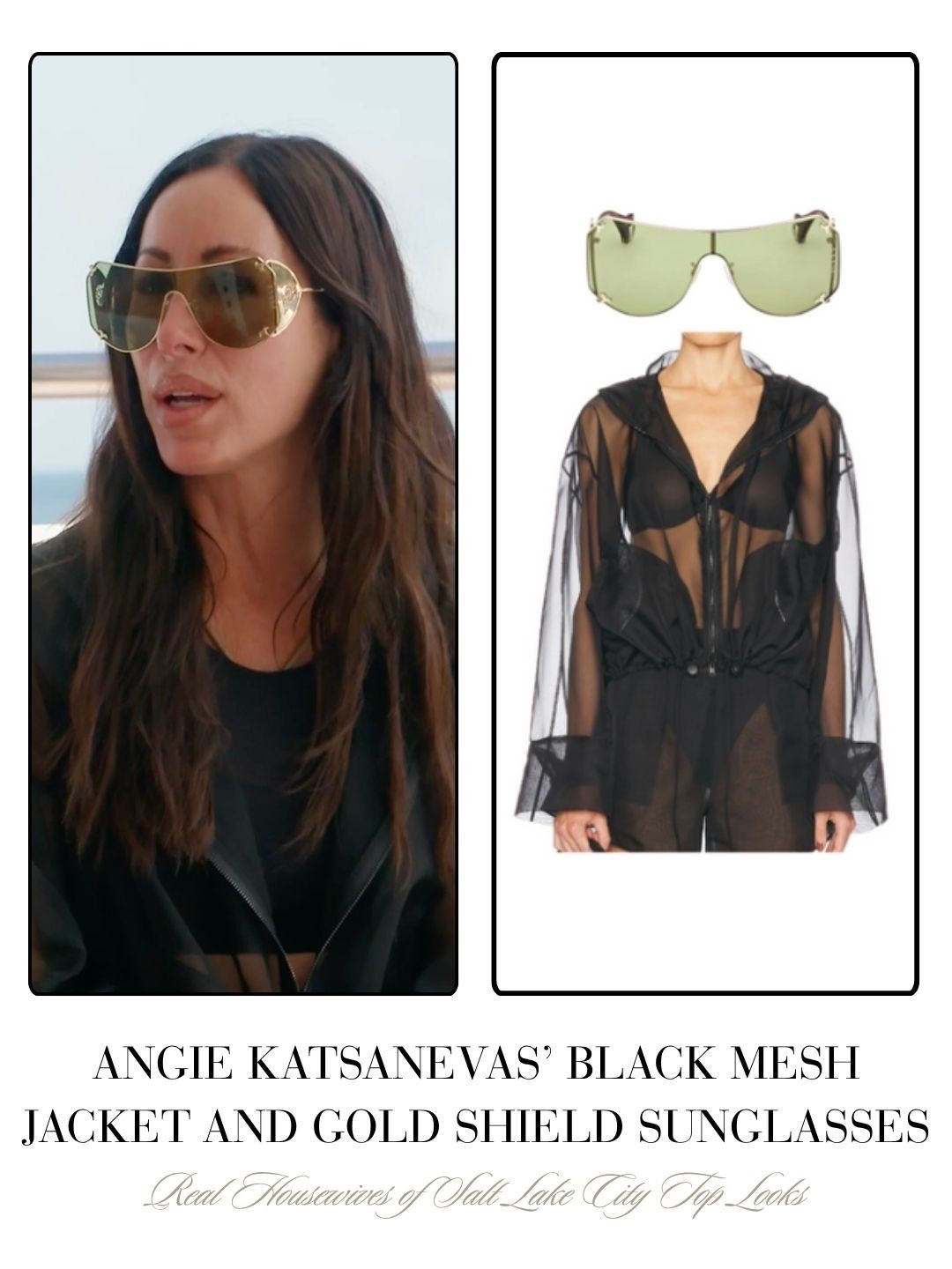 Angie Katsanevas’ Black Mesh Jacket and Gold Shield Sunglasses 
