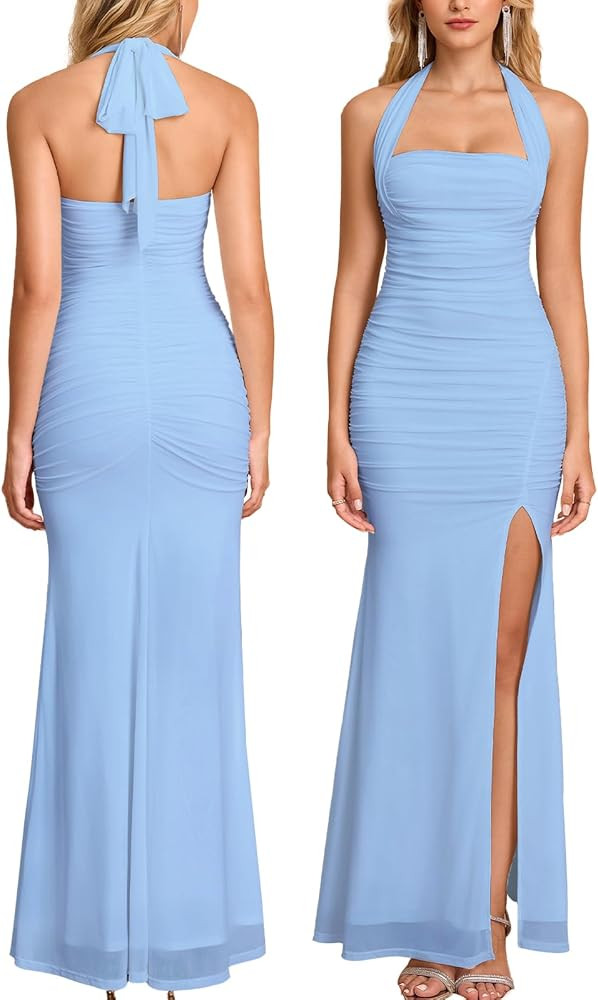 Women Halter Tie High Slit Wedding Guest Dress | Amazon (US)