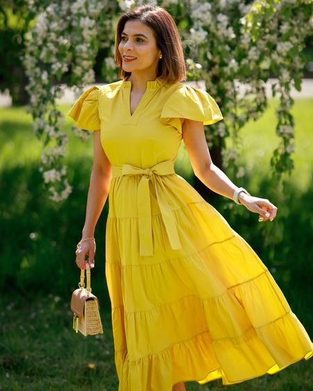 V-Neck Flutter Sleeve Ruffle Cotton Dress in Mustard Ted Baker Imitation Croc Mini Basket Bag Gold Slides Holiday Dress Summer Dress Petite Dress

#LTKstyletip #LTKtravel #LTKeurope