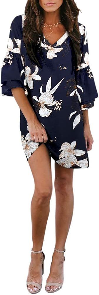Women's Dress Sweet & Cute V-Neck Bell Sleeve Shift Dress Mini Dress | Amazon (US)