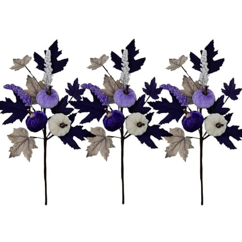 CCUUHJ Artificial Pumpkin Picks with Berry Stems and Maple Leaves, Purple and White, 17 Inch, 3 Pack, Fall Autumn Thanksgiving Decor (Purple) | Amazon (US)