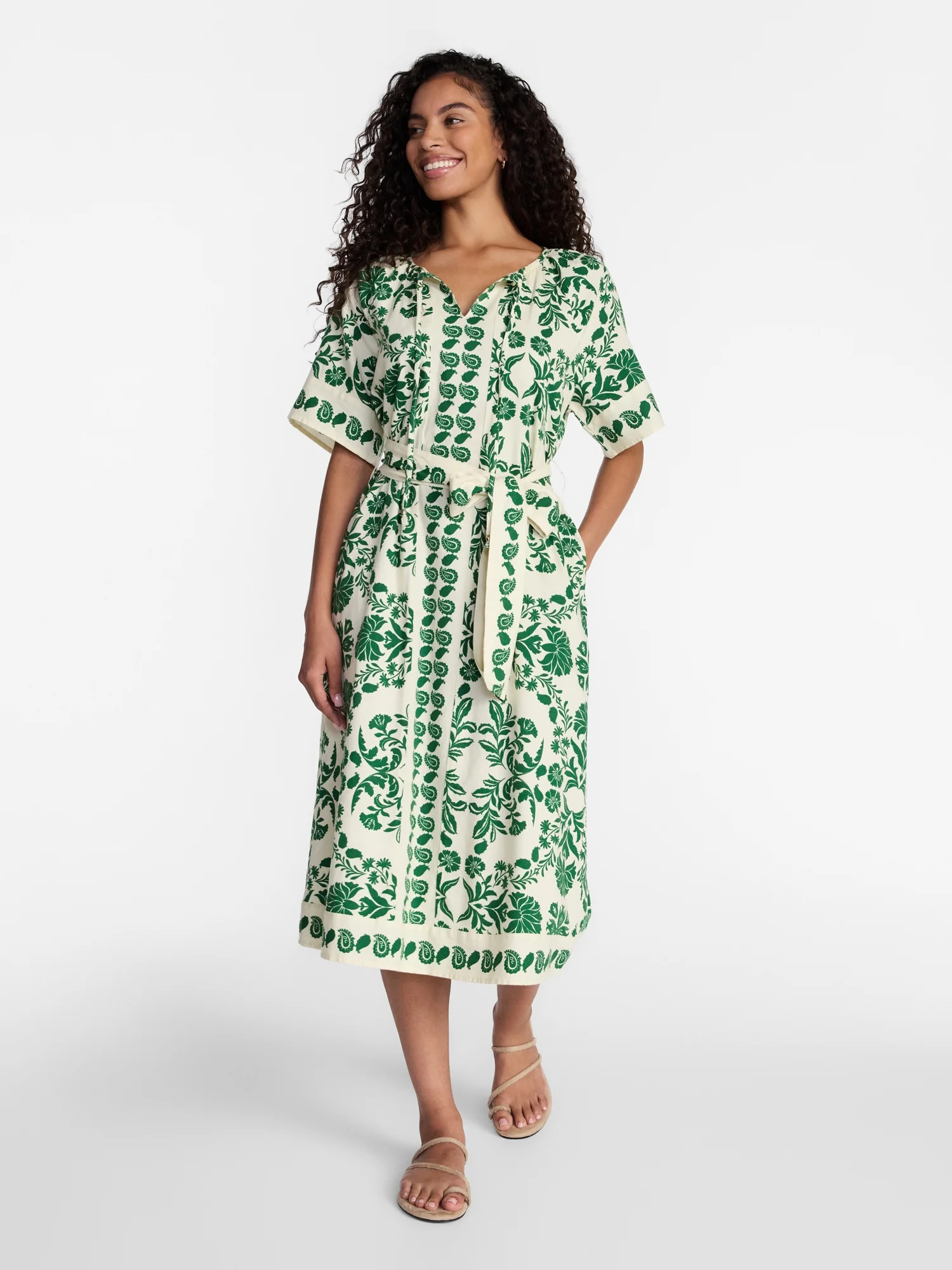 Time and Tru Women’s Border Print Linen Blend Midi Dress, Sizes XS-XXXL | Walmart (US)