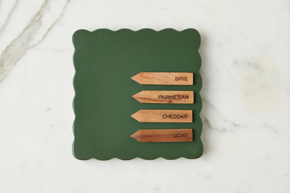 Square Scalloped Cheese Board with Cheese Markers, Small, Spruce Green | etúHOME
