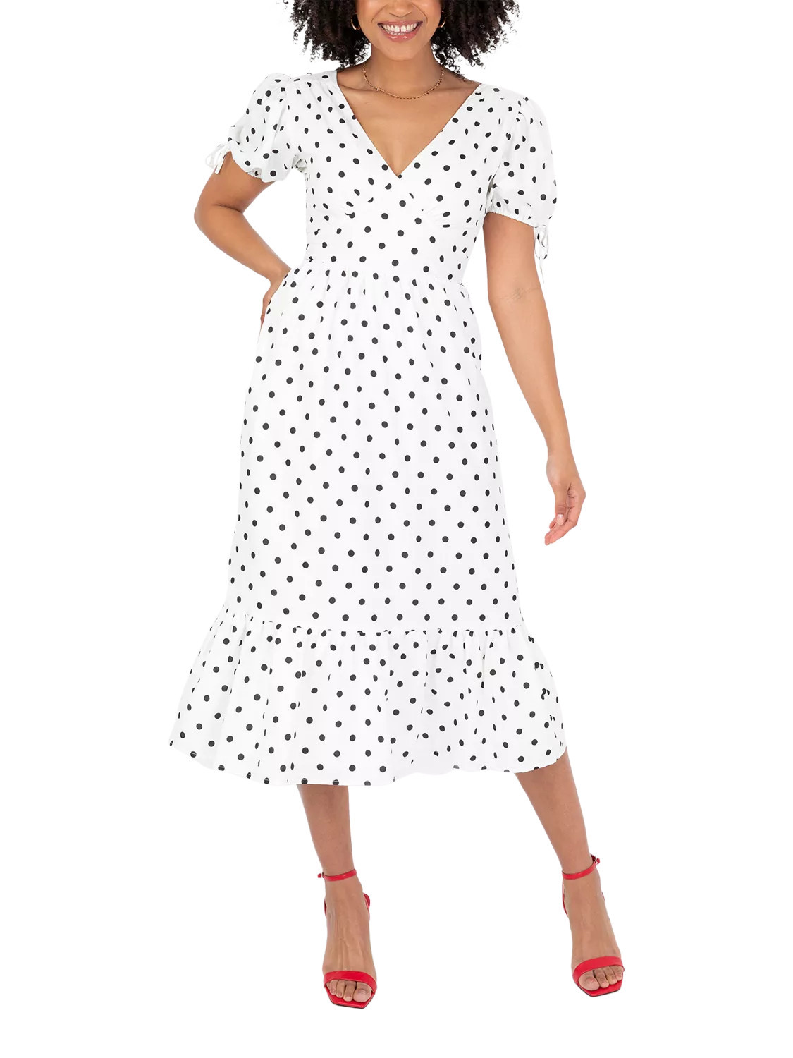 Lovedrobe Short Puff Sleeve Polka Dot Midi Dress, White/Black | John Lewis (UK)