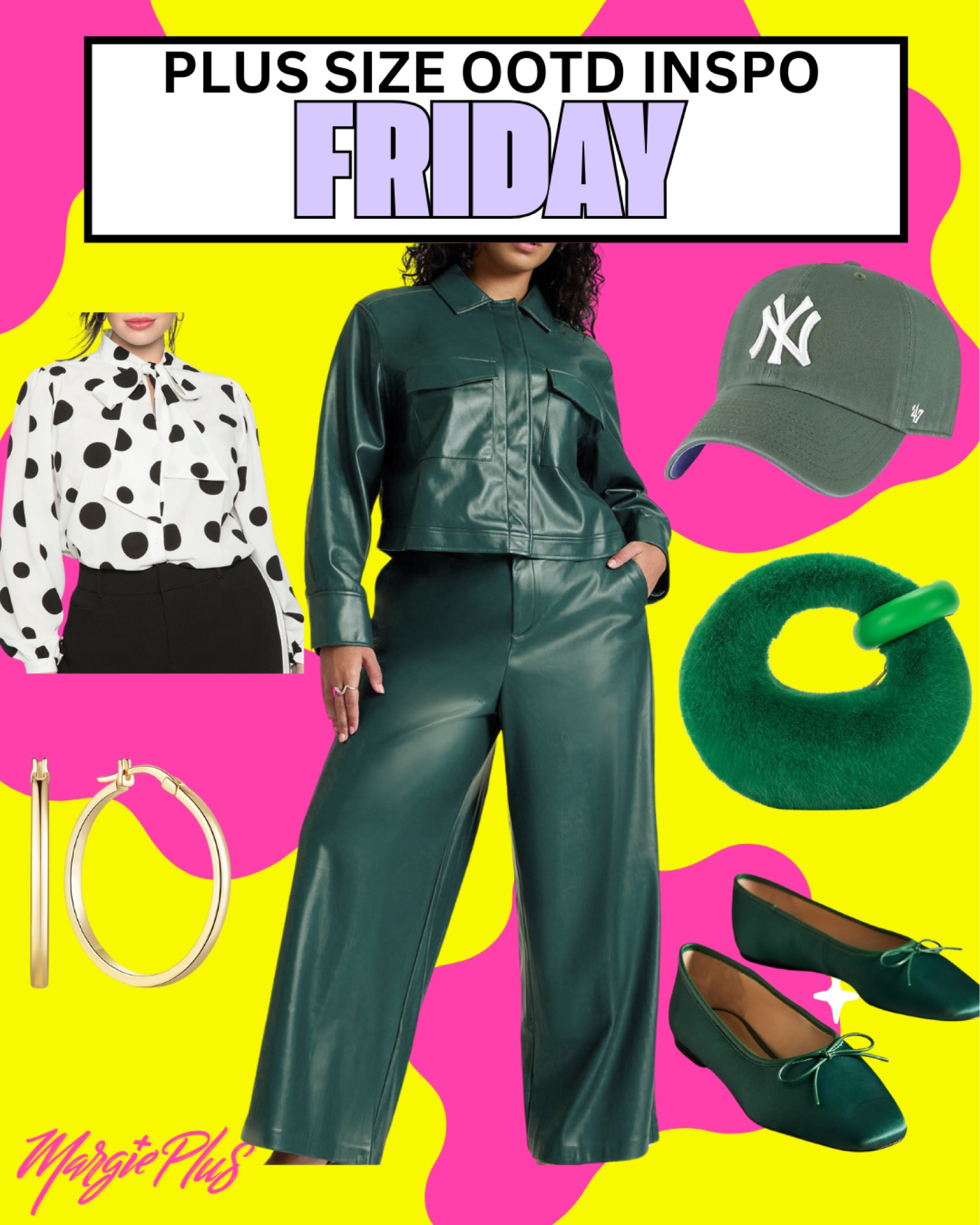 FRIDAY Plus Size Style Edit with this iconic green faux leather two piece set with green satin balet flats, hoop earrings, Green cap, and a pop of polka dot top. 

#LTKGiftGuide #LTKPlusSize #LTKStyleTip