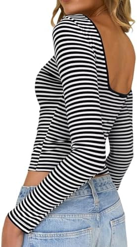 Long Sleeve Shirts for Women Sexy Backless Striped Tops Going Out T-Shirt Y2K Crop Womens Blouse ... | Amazon (US)