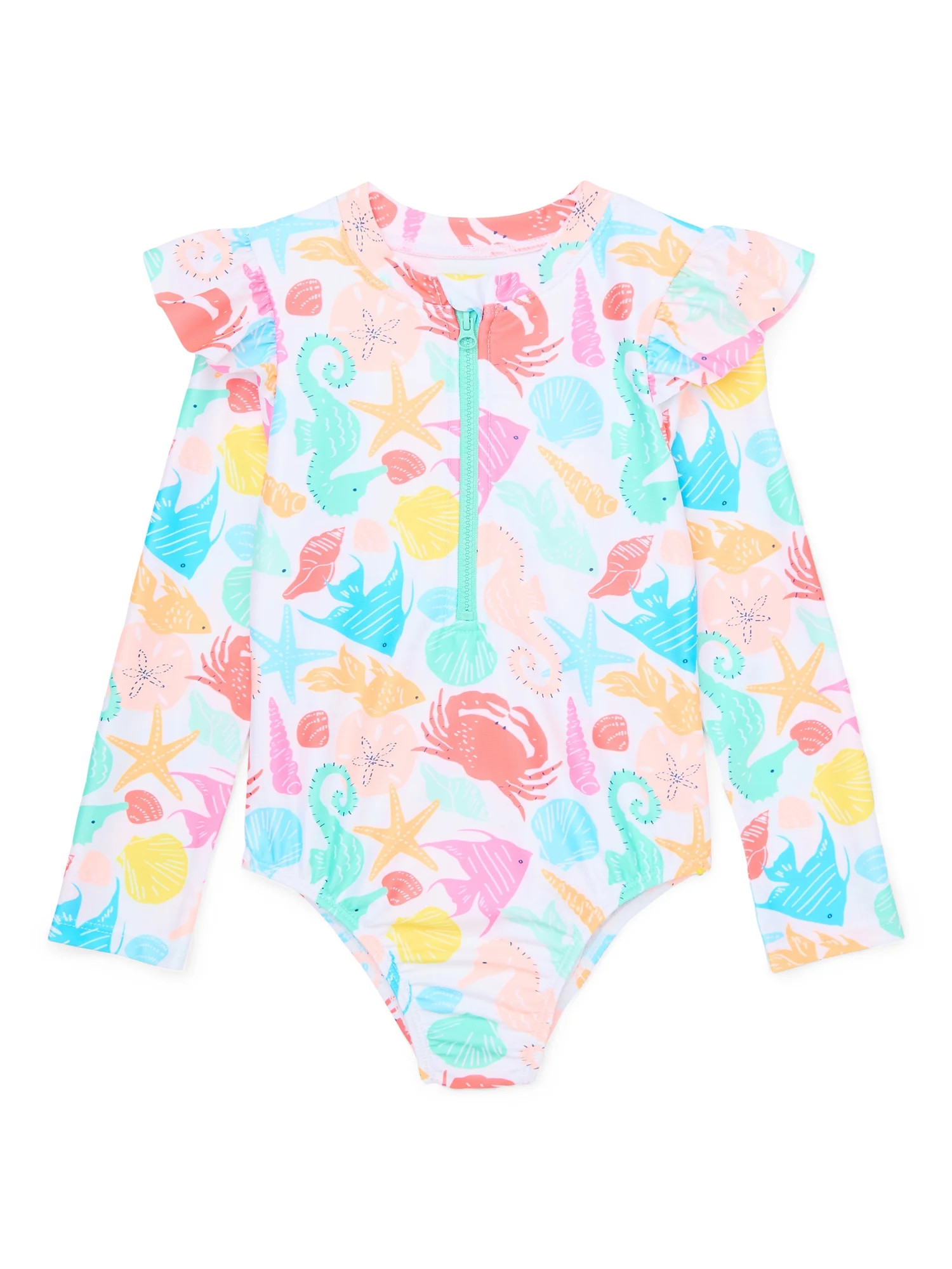 Wonder Nation Toddler Girl Zip Rash Guard One-Piece Swimsuit, Sizes 12M-5T | Walmart (US)