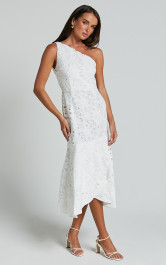 Beth Midi Dress - One Shoulder Ruffle Hem Lace Dress in White | Showpo (US, UK & Europe)