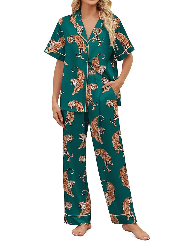 SHESHOW Satin Pajamas for Women Set Button Down Sleepwear Print Pjs Set 2 Piece Short Sleeve Long... | Amazon (US)