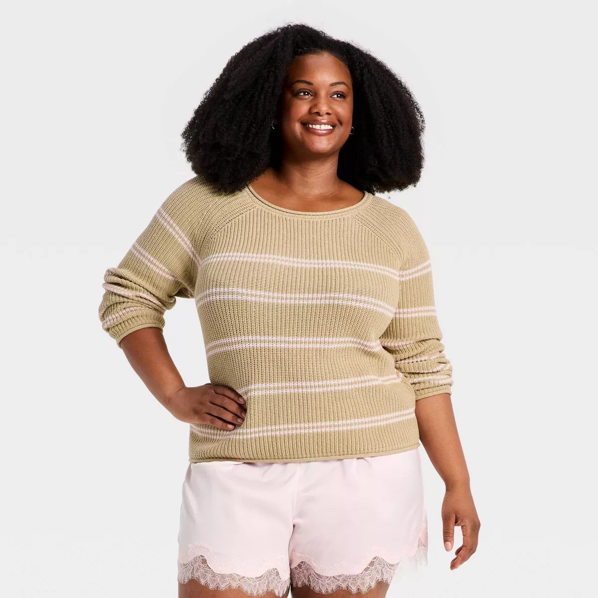 Women's Knit Pullover Sweater - A New Day™ Beige/Pink Striped 2X | Target