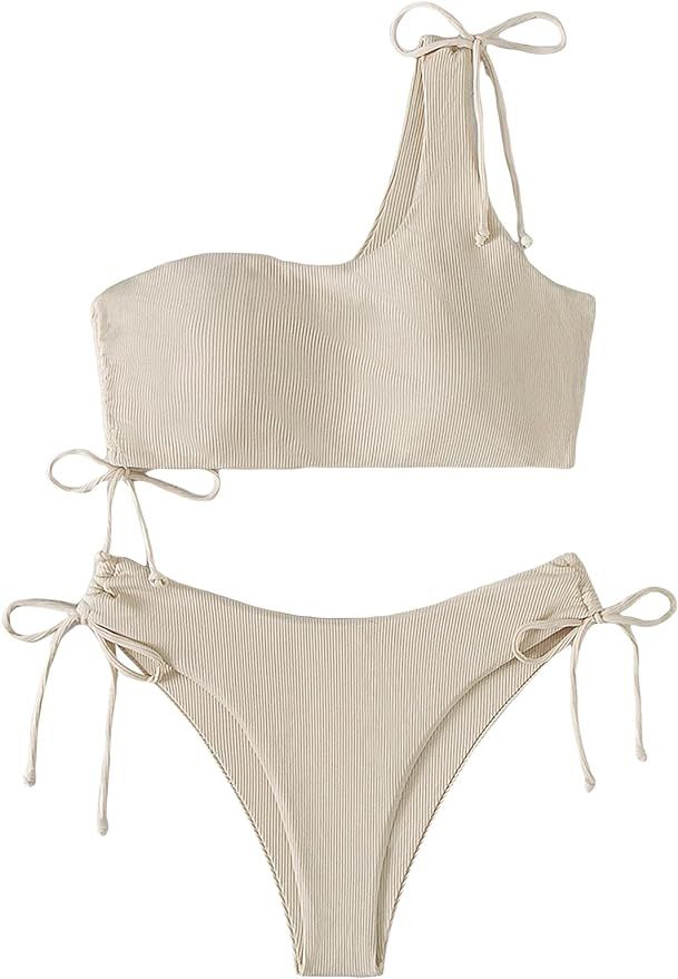 MakeMeChic Women's 2 Piece Swimsuit One Shoulder Tie Side High Cut Bikini Set Ribbed Bathing Suit... | Amazon (US)