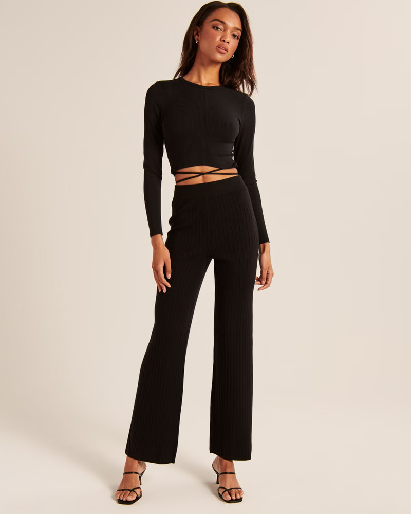 Long-Sleeve Ribbed Tie-Front Top | Abercrombie & Fitch (US)